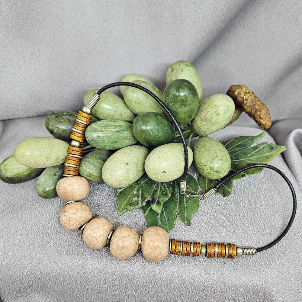 Necklace, Tan Crackle Ceramic Beads, Spacers, Leather Cord, Vintage (80s) - 16"